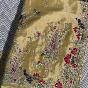Yellow Tissue Unstitched Saree With Zari, Thread & Sequins Work