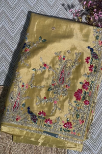 Yellow Tissue Unstitched Saree With Zari, Thread & Sequins Work