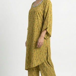 Lemon Yellow Muslin Coord Set with Sequins, Mirror, Bead & Digital Print Detailing