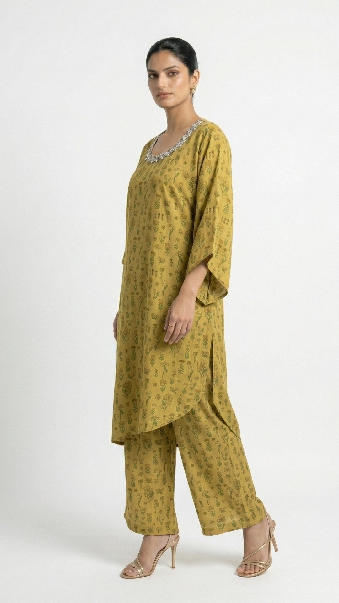 Lemon Yellow Muslin Coord Set with Sequins, Mirror, Bead & Digital Print Detailing