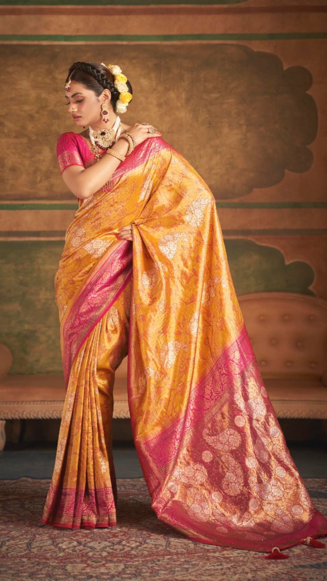 Pink and Mustard Kanjivaram Silk Saree with Swarovski Work