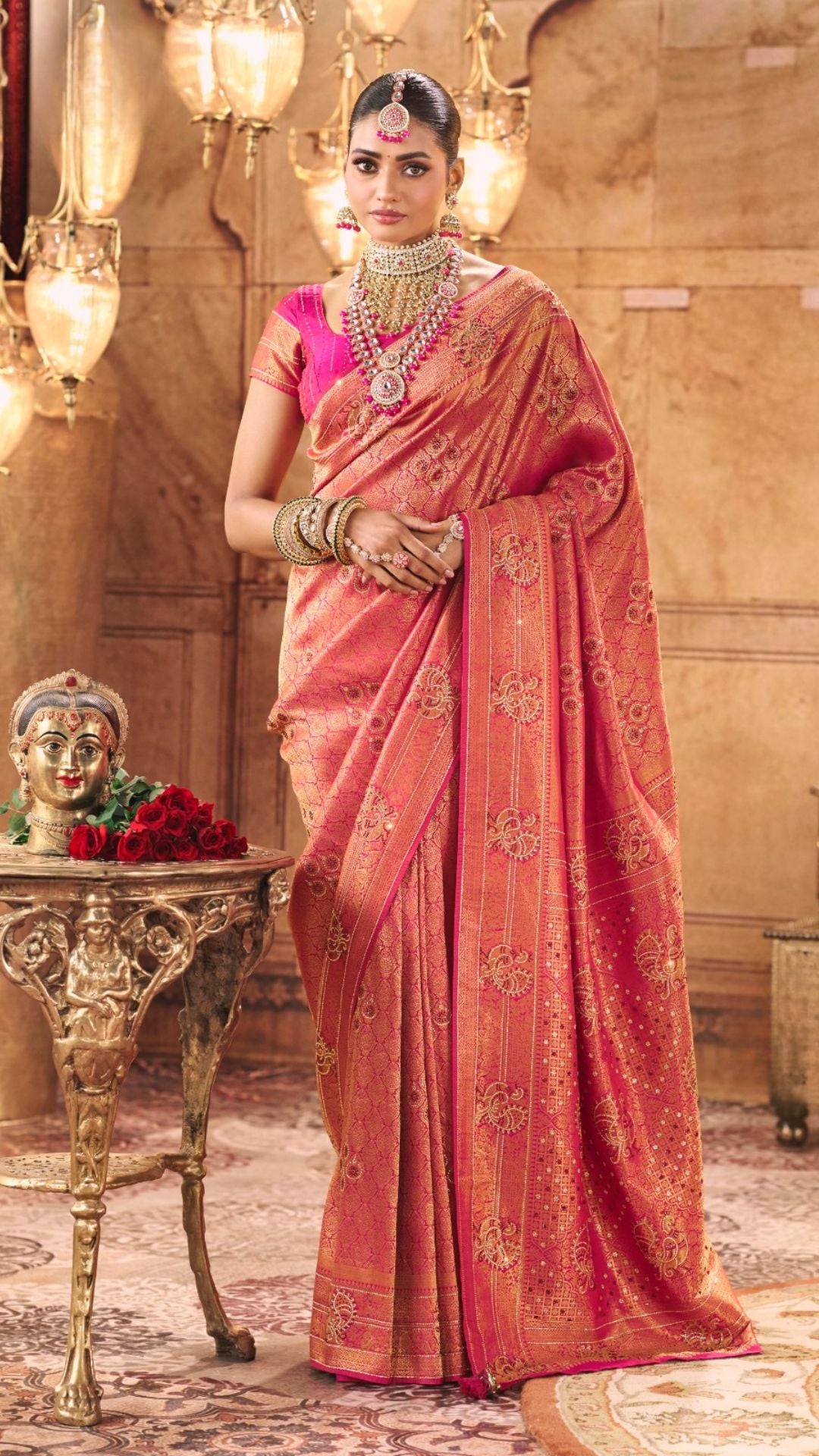 Pink Kanjiviram Silk Saree With Swarovski Work