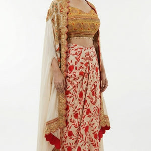 Beige & Red Digital Printed Crepe Top & Skirt with Cape Embellished with Moti, Sequins & Sippi