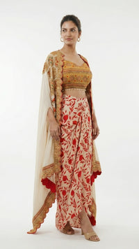 Beige & Red Digital Printed Crepe Top & Skirt with Cape Embellished with Moti, Sequins & Sippi