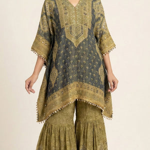 Navy Blue Wrinkled Tissue Digital Printed Kaaftan with Mirror Detailing and Gharara