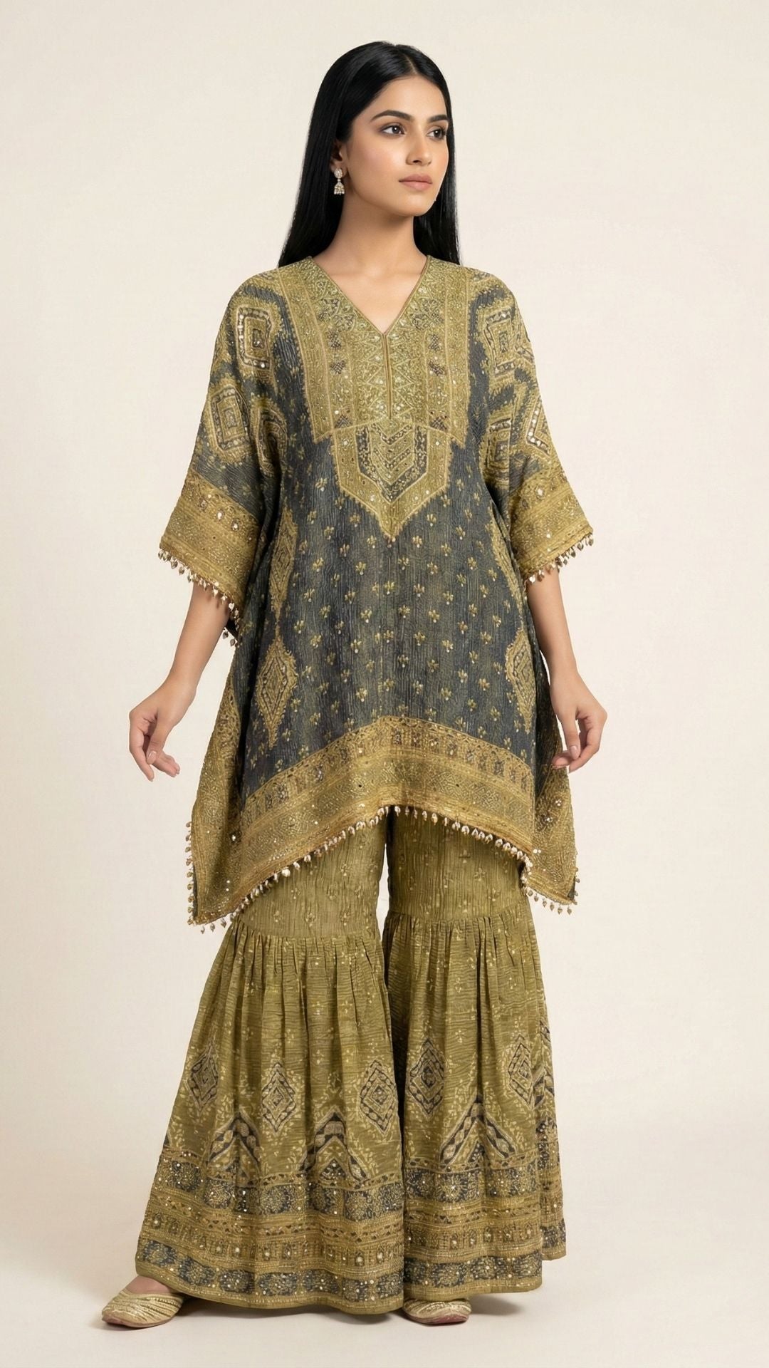 Navy Blue Wrinkled Tissue Digital Printed Kaaftan with Mirror Detailing and Gharara