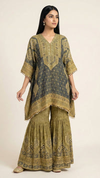 Navy Blue Wrinkled Tissue Digital Printed Kaaftan with Mirror Detailing and Gharara