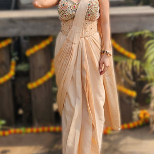 Beige Chinon Drape Saree with Kundan & Cutdana Work