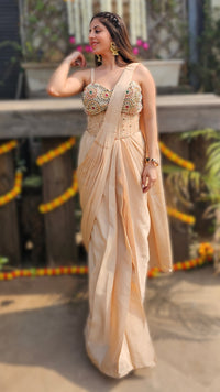 Beige Chinon Drape Saree with Kundan & Cutdana Work