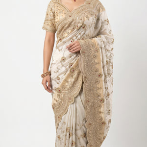 Golden Ivory Tissue Saree with Zari, Cutdana & Sequins Work