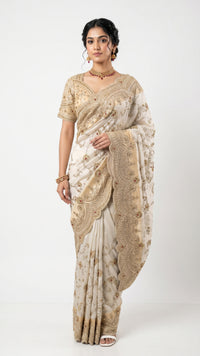Golden Ivory Tissue Saree with Zari, Cutdana & Sequins Work