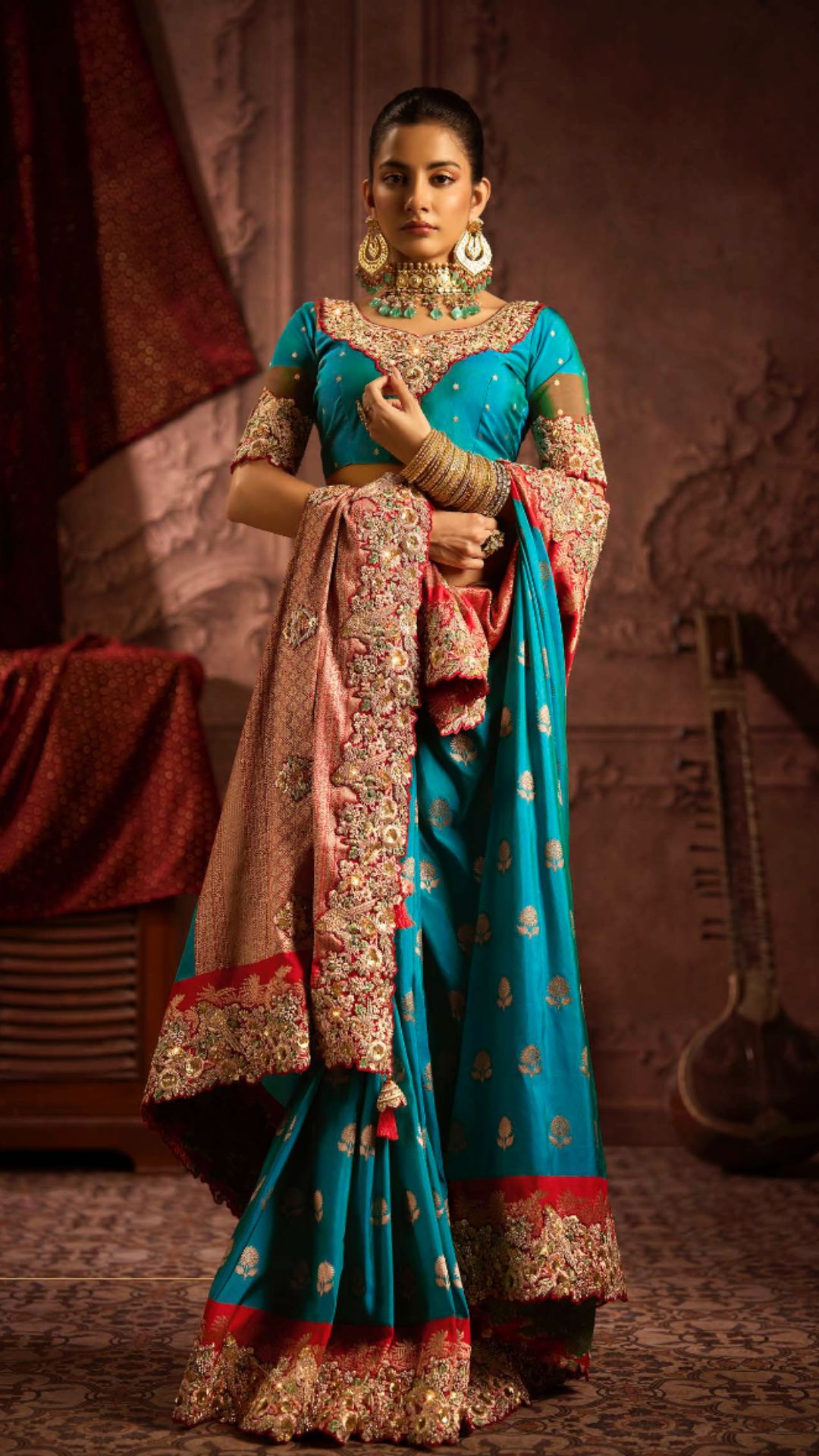 Turquoise Tanna Silk Embroidered Saree