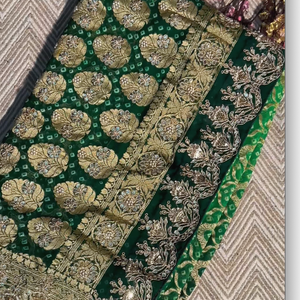 Green Pure Georgette Bandhej Unstitched Saree with Gota, Dabka & Dori Work