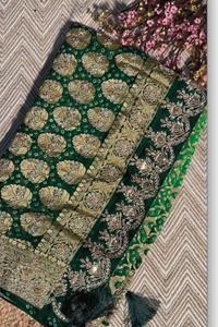 Green Pure Georgette Bandhej Unstitched Saree with Gota, Dabka & Dori Work