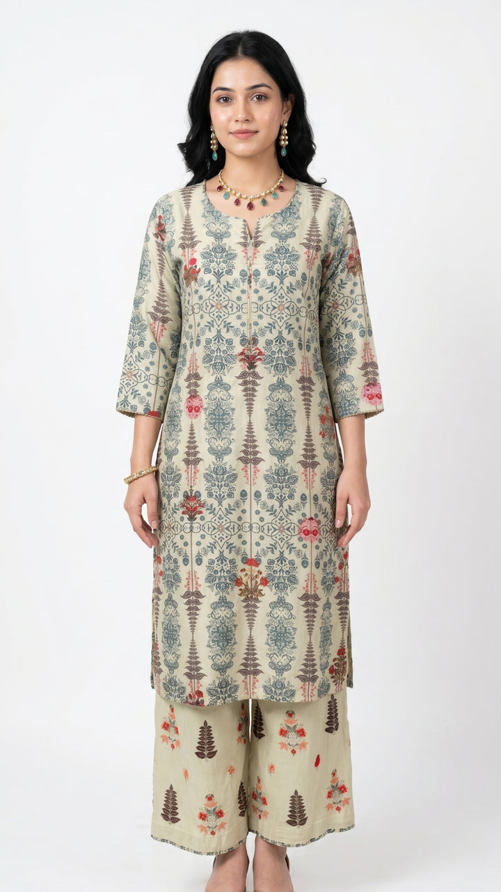 Mint Digital Printed Cotton Fabric Co-ord Set with Zari Work