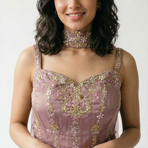 Tissue Crepe Indowestern Top,Bottom and Dupatta with Cutdana and Sequins Work