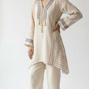 Cotton Jute Coord Set with Intricate Moti and Lace Work