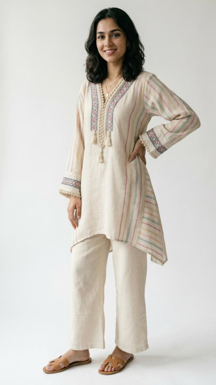 Cotton Jute Coord Set with Intricate Moti and Lace Work