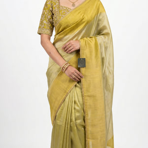 Lemon Green Silk Saree with Stitched Blouse and Zari, Cutdana & Sequins Work