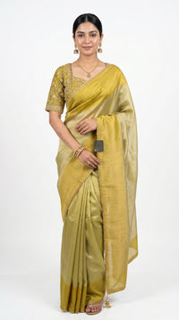 Lemon Green Silk Saree with Stitched Blouse and Zari, Cutdana & Sequins Work