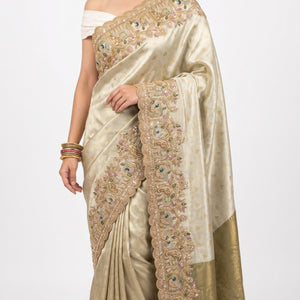 Muted Olive Gold Tissue Silk Saree Embellished with Zari, Cutdana & Zarkan Work