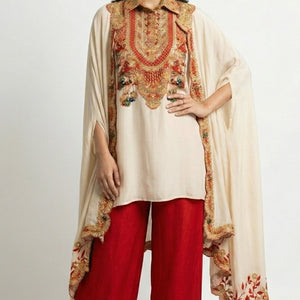 Beige & Red Digital Printed Crepe Coord Set with Cape Embellished with Pearl, Sequins & Sippi