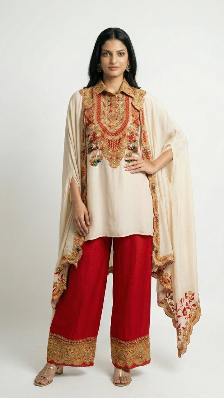 Beige & Red Digital Printed Crepe Coord Set with Cape Embellished with Pearl, Sequins & Sippi