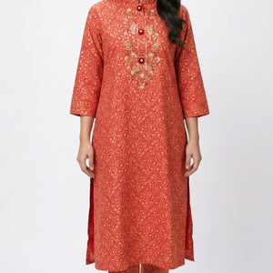 Red Muslin Cotton Block & Gold Print Suit with Dabka, Seqiuns & Gota Patti Detailing