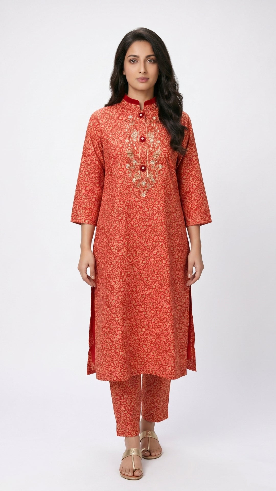 Red Muslin Cotton Block & Gold Print Suit with Dabka, Seqiuns & Gota Patti Detailing