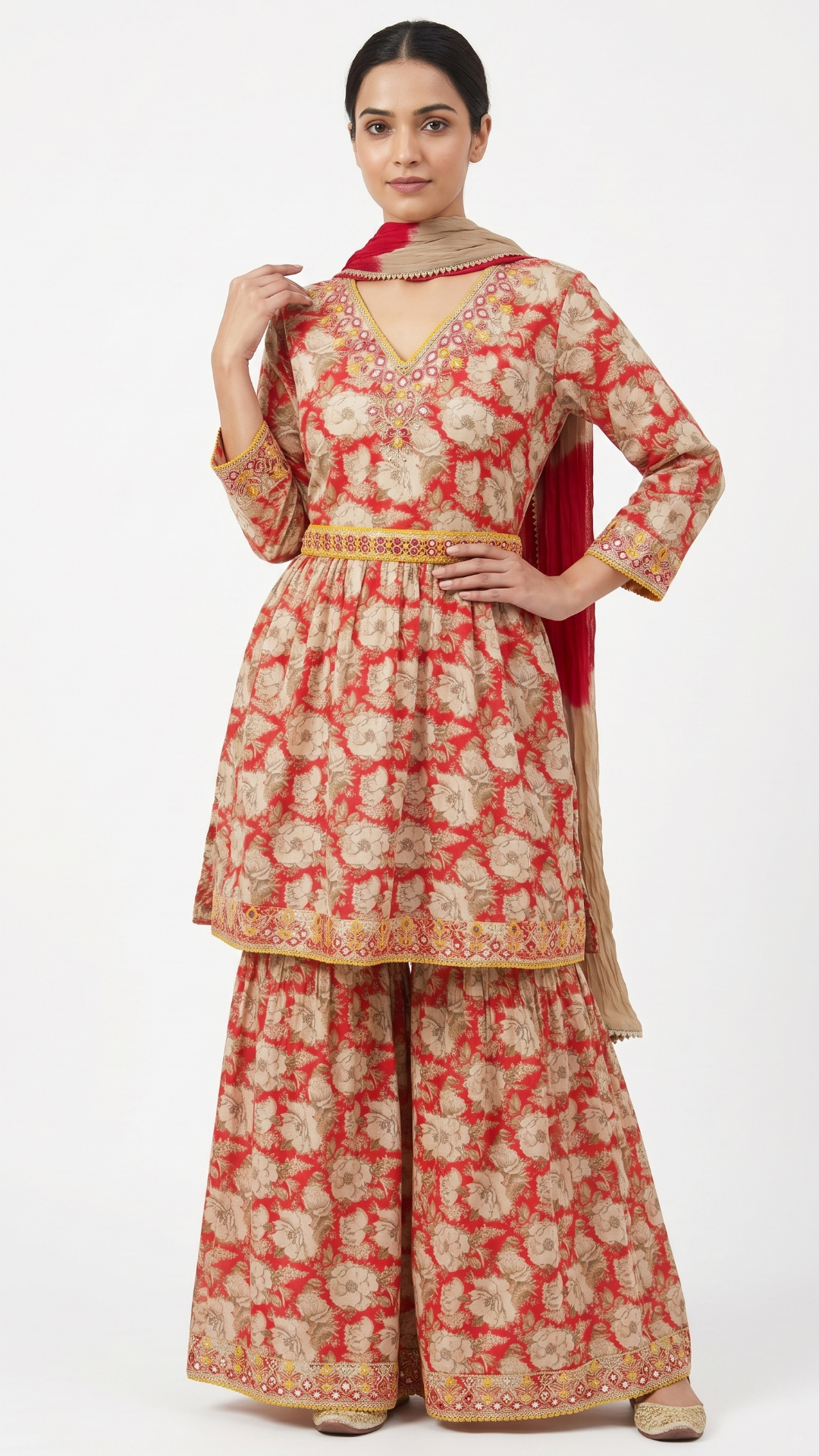 Green Cotton Peplum , Thread Work With Mirror Work & Zari Sequins Red