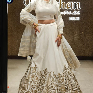 Ivory White Raw Silk Lehenga with Dupatta