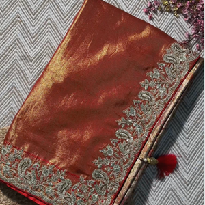 Rust Tissue Banarasi Unstitched Saree with Sequins & Cut Dana Work