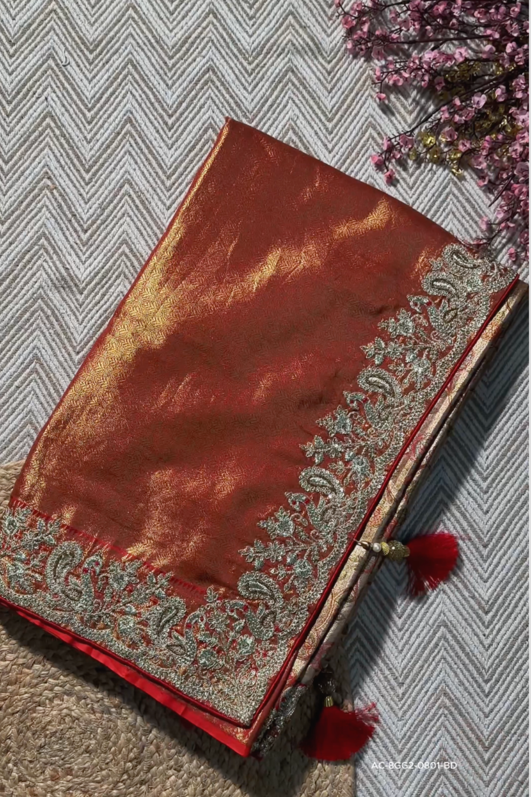 Rust Tissue Banarasi Unstitched Saree with Sequins & Cut Dana Work