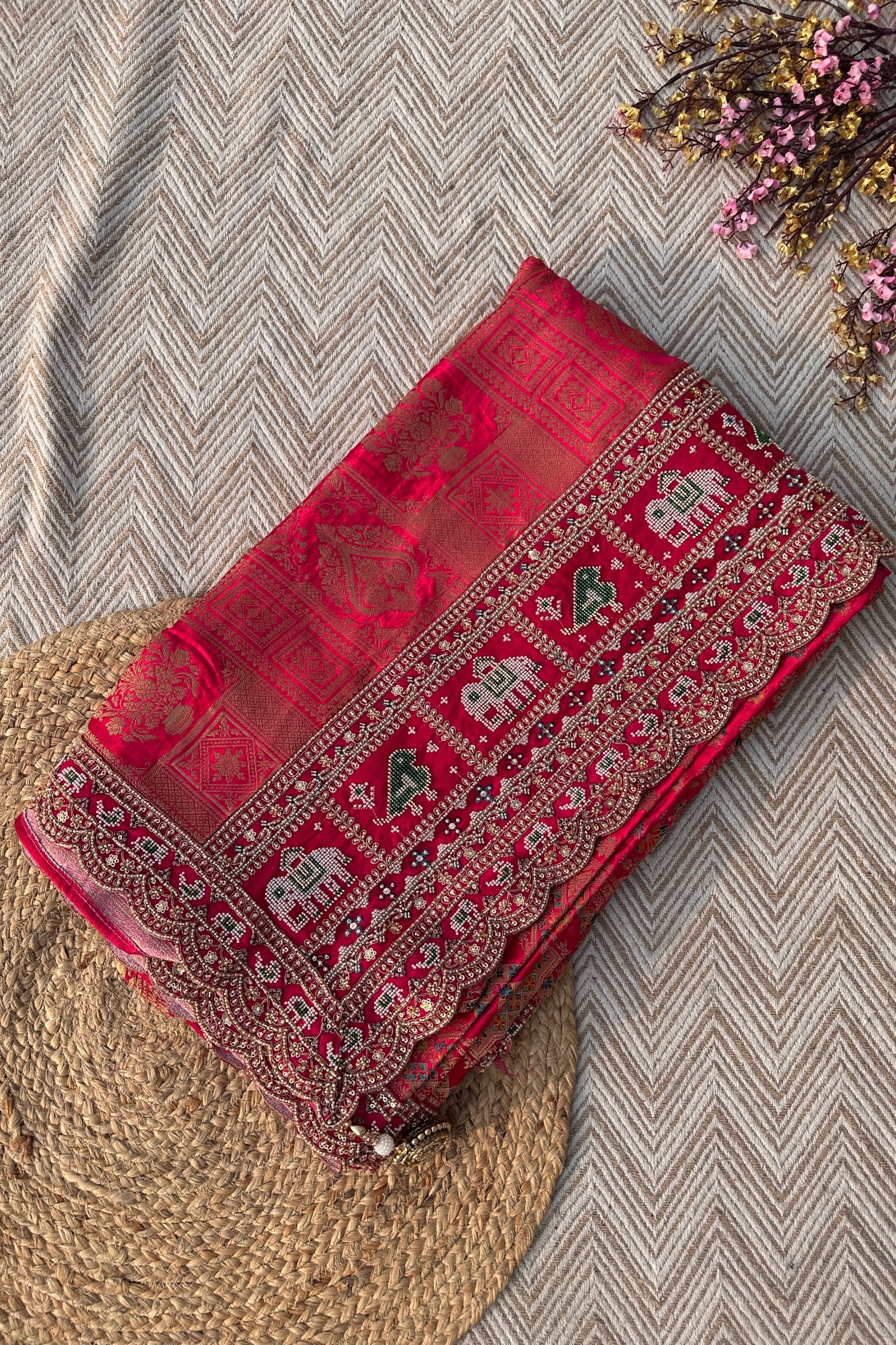 Fuchsia Satin Unstitched Saree Embellished With Moti, Sequins, Zari & Cutdana work