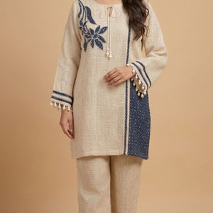 Blue and Beige Jute Coord Set with Sequins Work