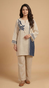 Blue and Beige Jute Coord Set with Sequins Work