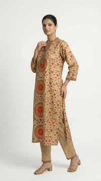 Beige Muslin Coord Set with Sequins, Mirror, Bead & Digital Print Detailing
