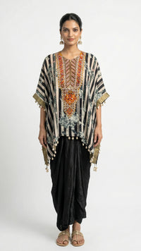 Black Hand Printed Crepe Coord Set with Moti, Sequins & Thread Detailing