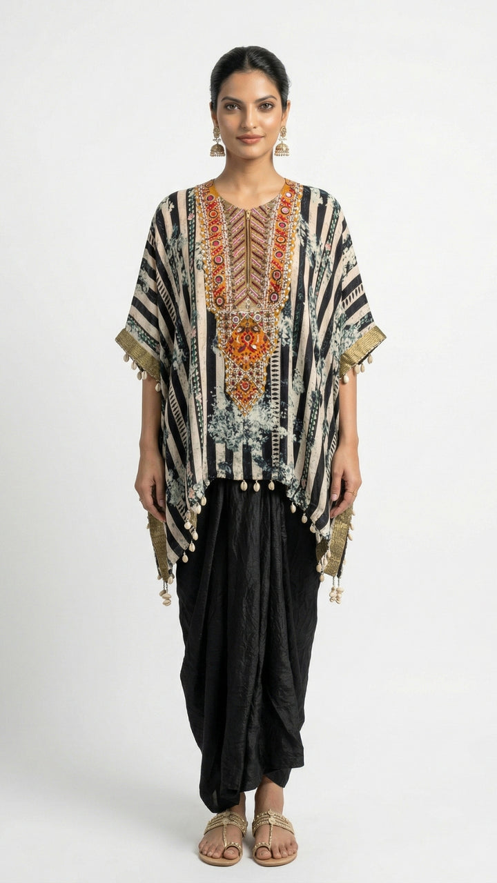 Black Hand Printed Crepe Coord Set with Moti, Sequins & Thread Detailing