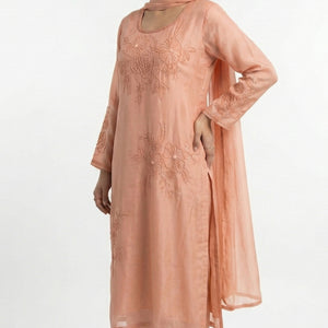 Dusty Peach Soft Organza Suit with Cutdana, Pearl & Moti Detailing