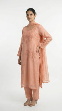 Dusty Peach Soft Organza Suit with Cutdana, Pearl & Moti Detailing