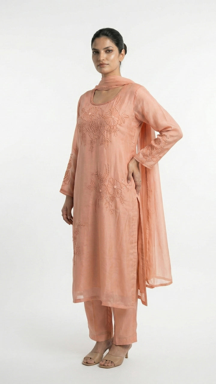 Dusty Peach Soft Organza Suit with Cutdana, Pearl & Moti Detailing