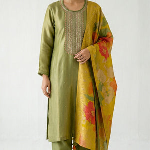 Green Tissue Suit Set with Cutdana, Sequins, Bead & Dabka Detailing