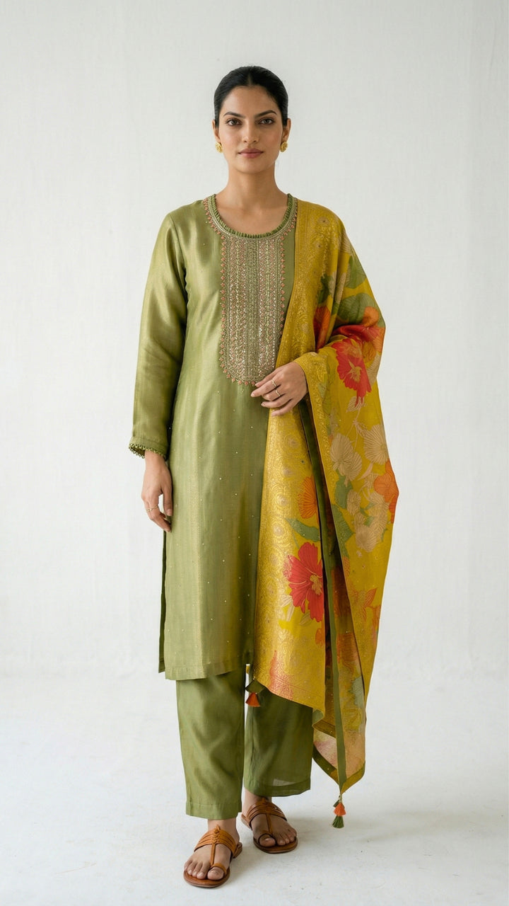 Green Tissue Suit Set with Cutdana, Sequins, Bead & Dabka Detailing