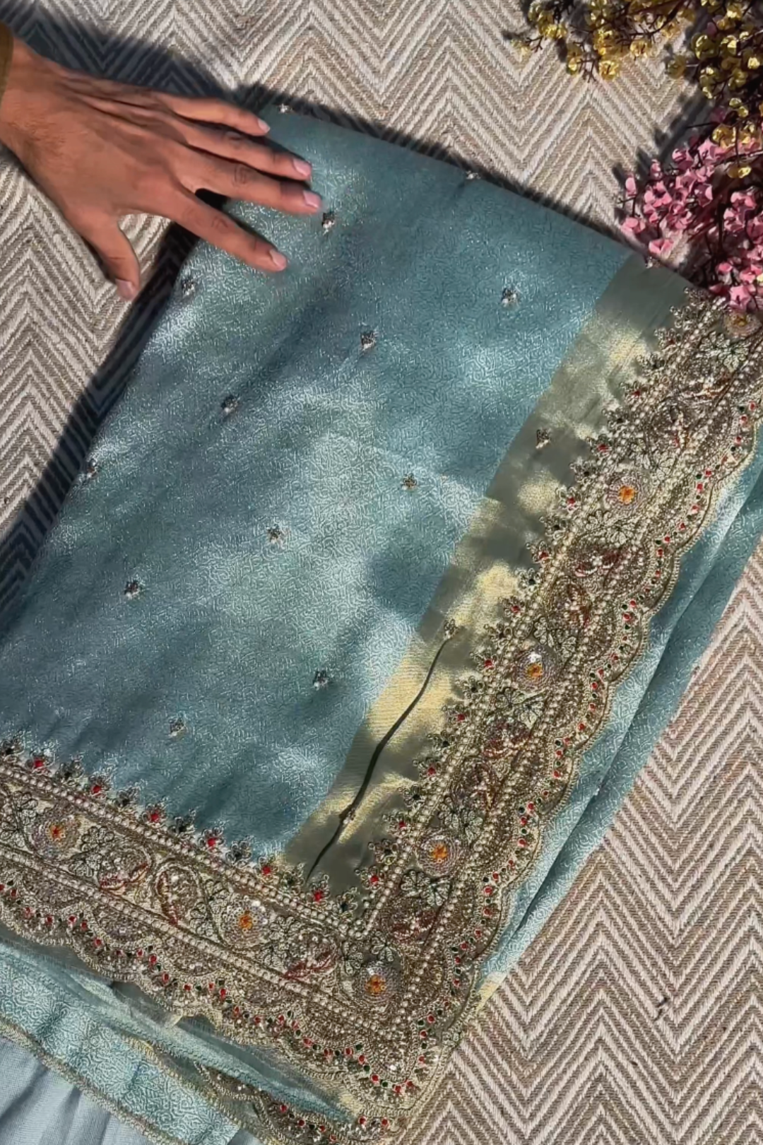 Ice Blue Brocade  Unstitched Saree with Sequins, Pearl, Zari & Cut Dana Work