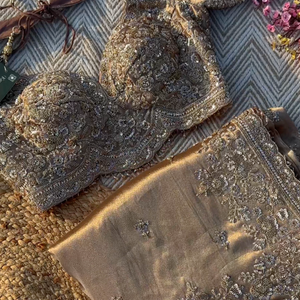 Golden Tissue Saree Embellished With Cutdana, Sequins, Pearl & Zari Work