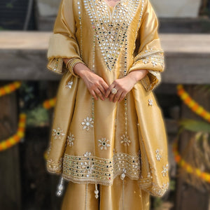 Beige Tissue Indowestern Set with Gota Patti and Mirror Work