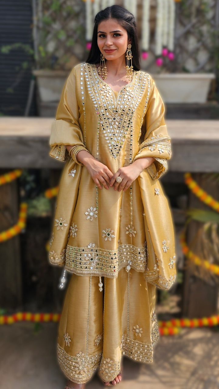 Beige Tissue Indowestern Set with Gota Patti and Mirror Work