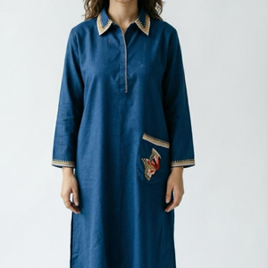 Blue Linen Cotton one Piece Indowestern with Thread Work