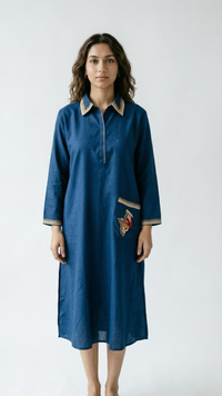 Blue Linen Cotton one Piece Indowestern with Thread Work